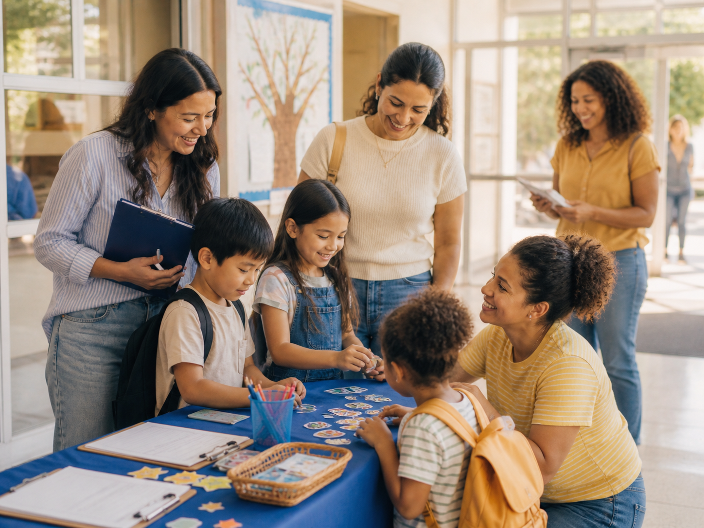 Parents and kids at a school sign-up table
