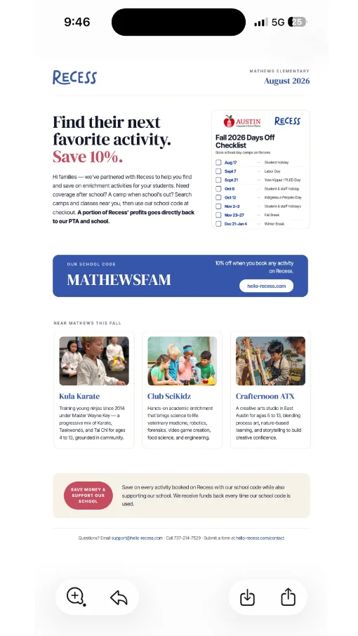 Recess monthly roundup in a school newsletter