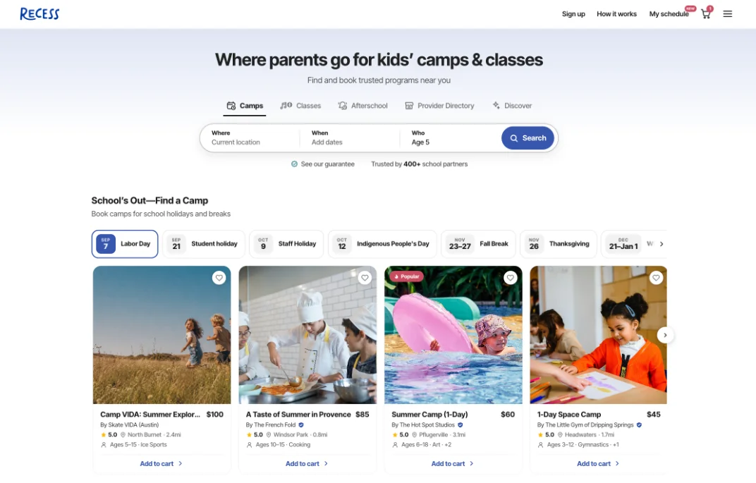 Recess website showing activities for days off